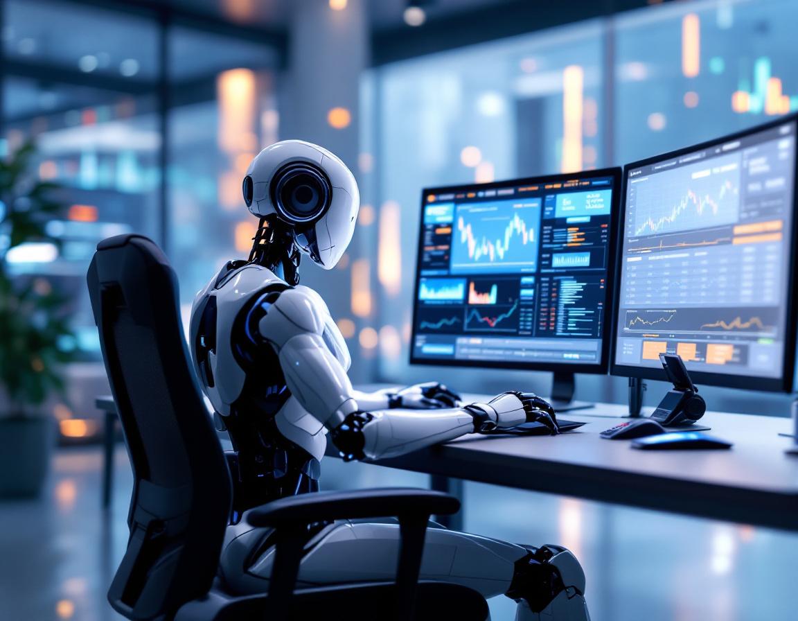 A hyper-realistic AI trading bot at a futuristic workstation analyzing stock and crypto market data.