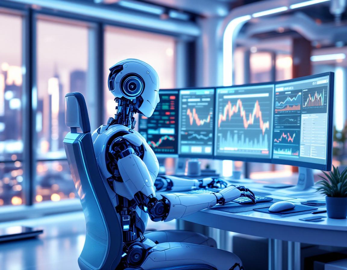 A humanoid AI trading bot at a high-tech workstation analyzing market data across multiple screens.