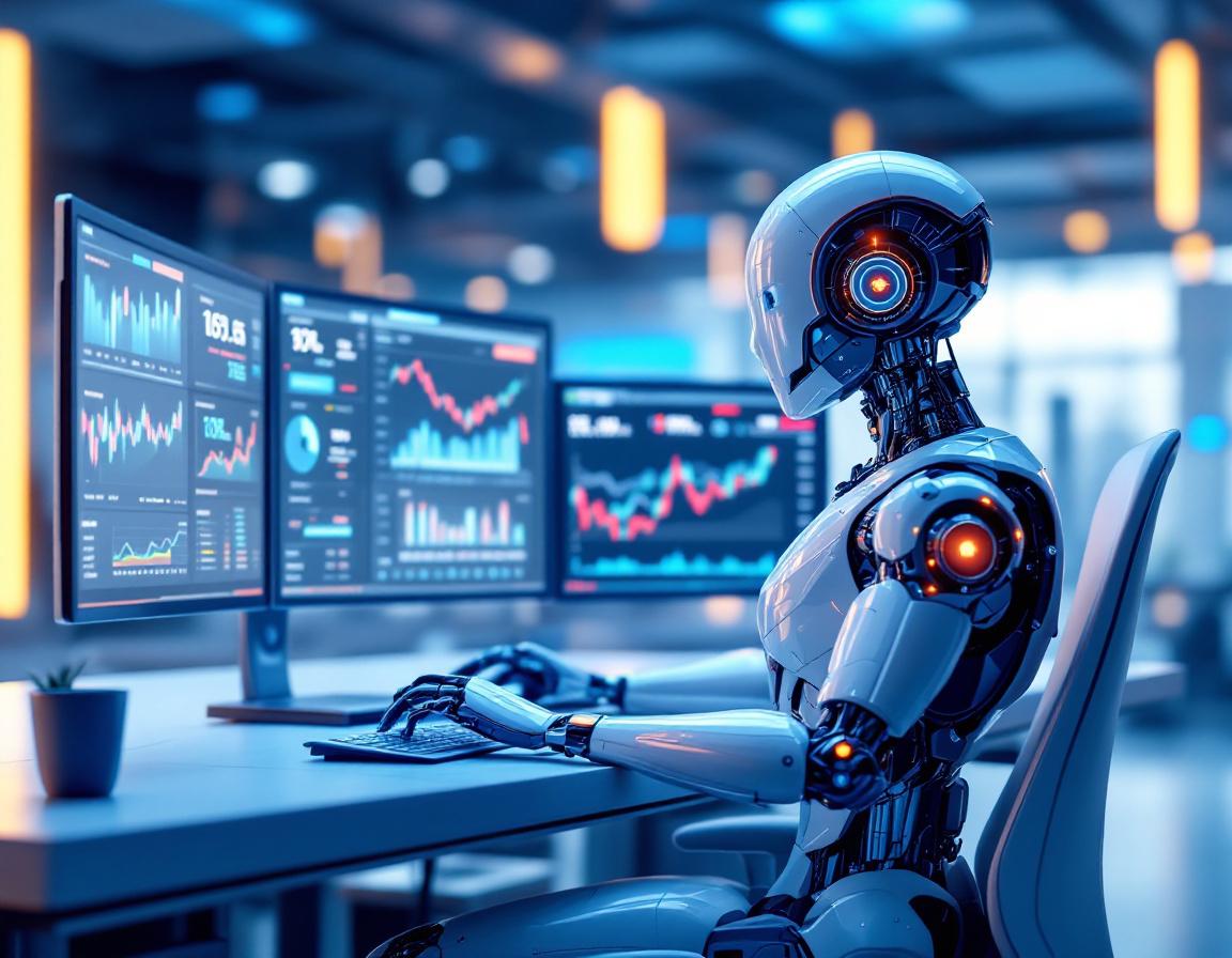 A hyper-realistic AI trading bot analyzing crypto market data at a sleek tech workstation.