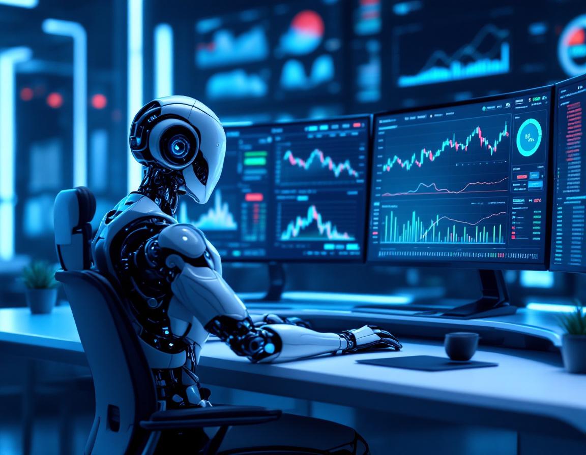 A humanoid AI trading bot at a workstation analyzing market data on multiple screens, softly lit.