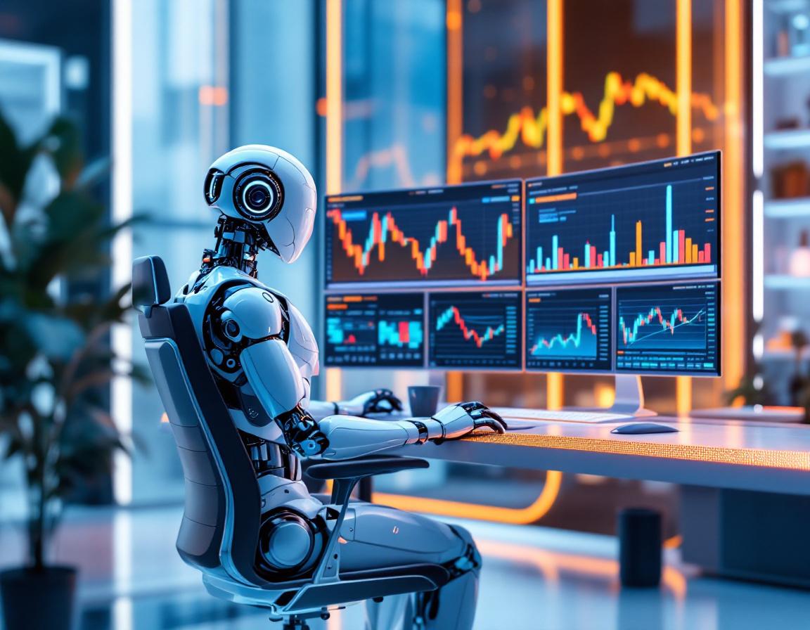 A humanoid AI trading bot analyzes market data at a futuristic workstation filled with screens.