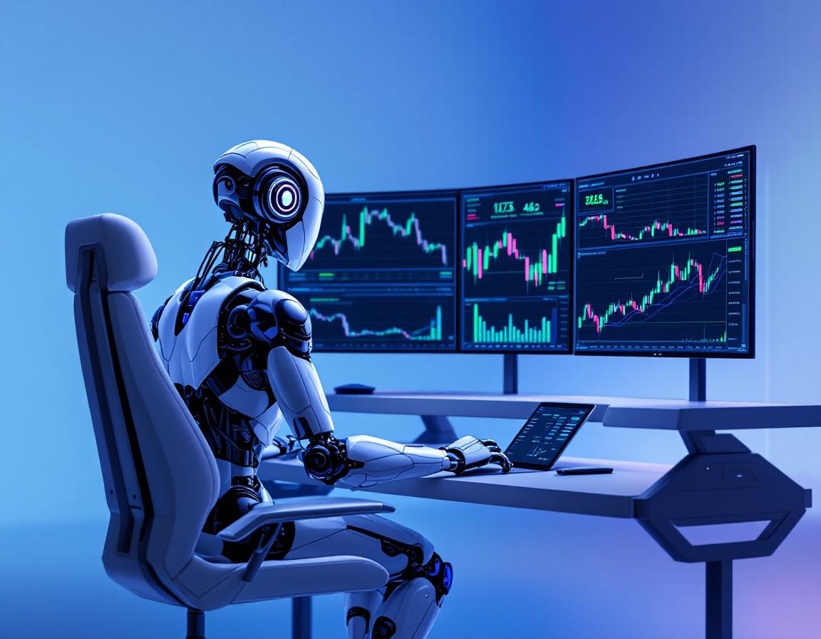 A humanoid AI trading bot at a high-tech workstation analyzing market data on multiple screens.