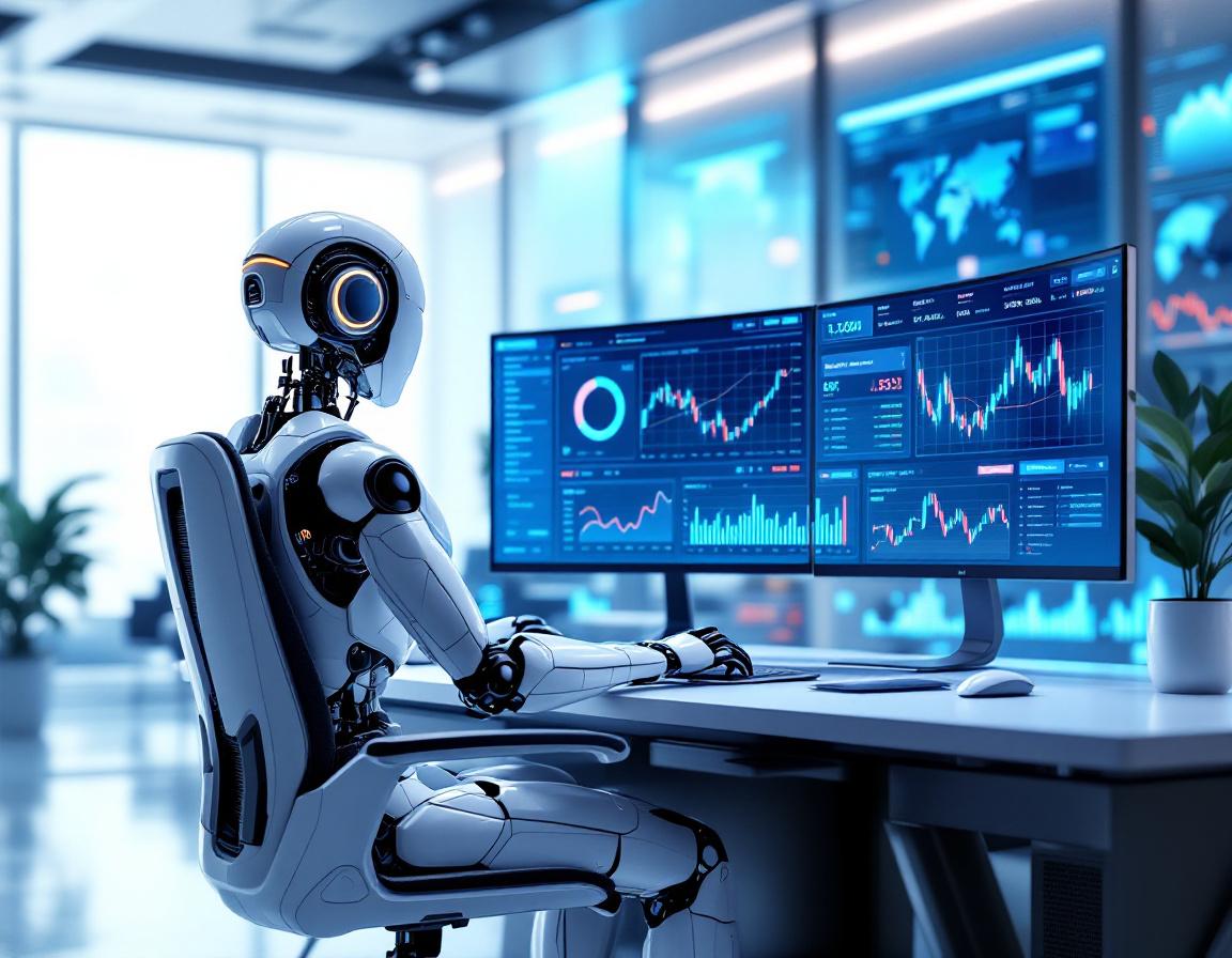 A humanoid AI trading bot analyzes market data at a high-tech workstation with multiple screens.