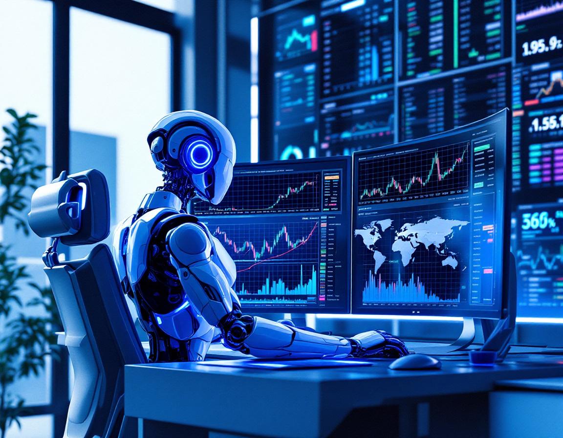 A hyper-realistic AI trading bot at a high-tech workstation analyzing stock and crypto data screens.