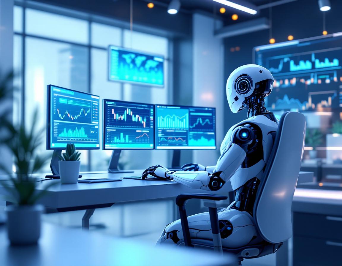 A hyper-realistic AI trading bot seated at a workstation, analyzing market data on multiple screens.