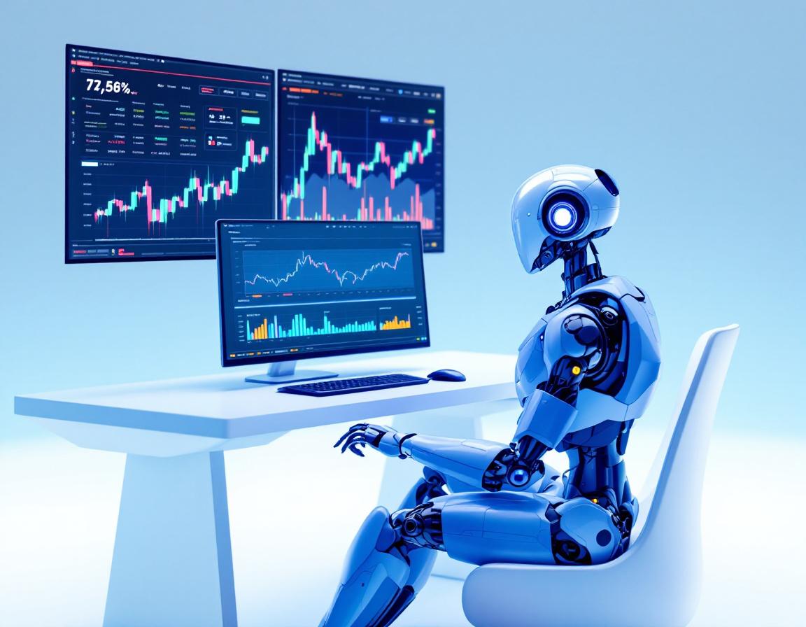 A sleek humanoid AI trading bot operates multiple screens in a futuristic financial environment.
