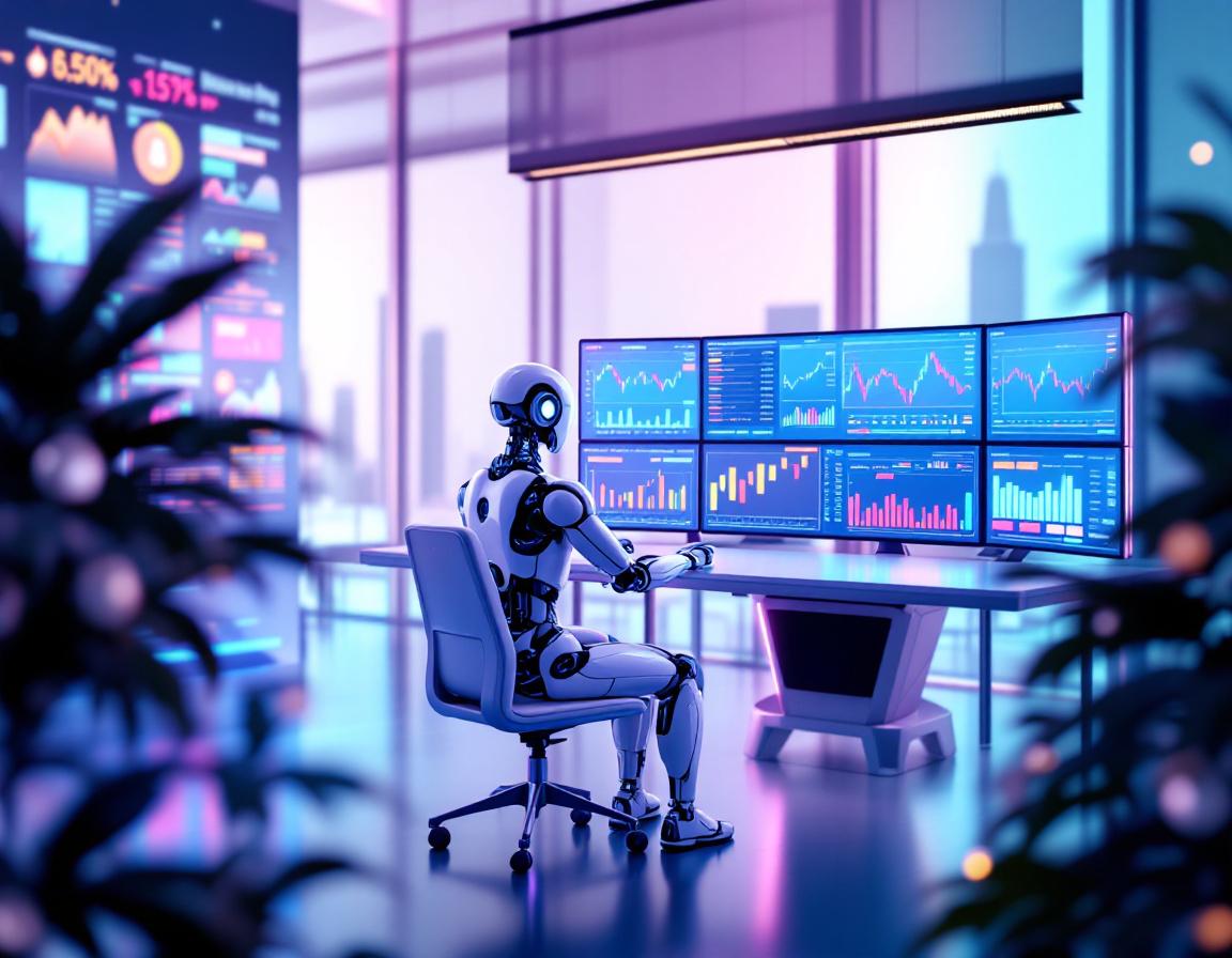 A hyper-realistic AI trading bot at a high-tech workstation analyzing stock and crypto market data.