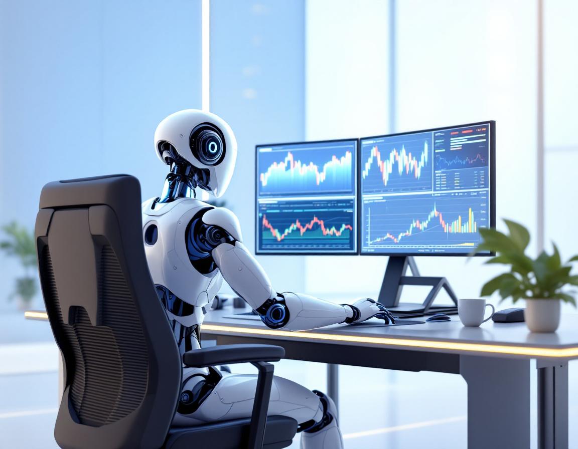 A hyper-realistic AI trading bot is at a workstation analyzing market data on multiple screens.