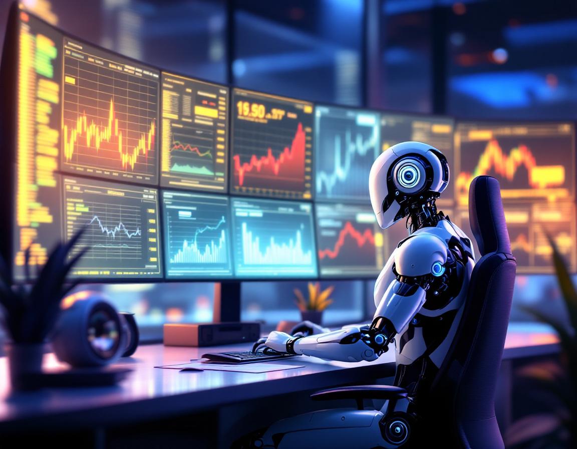 A humanoid AI trading bot at a high-tech workstation, analyzing market data on multiple screens.