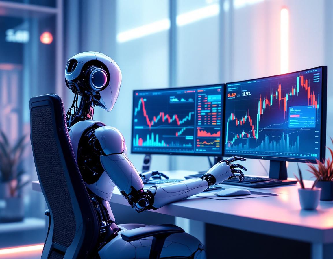 A hyper-realistic AI trading bot at a high-tech workstation analyzing cryptocurrency and stock data.
