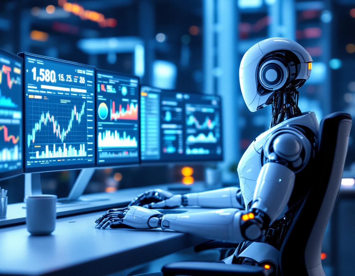 A hyper-realistic AI trading bot at a workstation, analyzing market data with multiple screens.