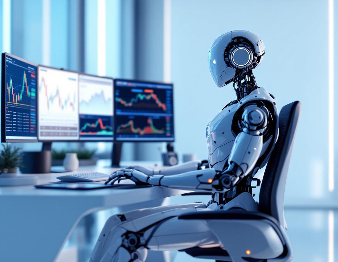 A hyper-realistic AI trading bot in a sleek workstation monitors markets with glowing data screens.