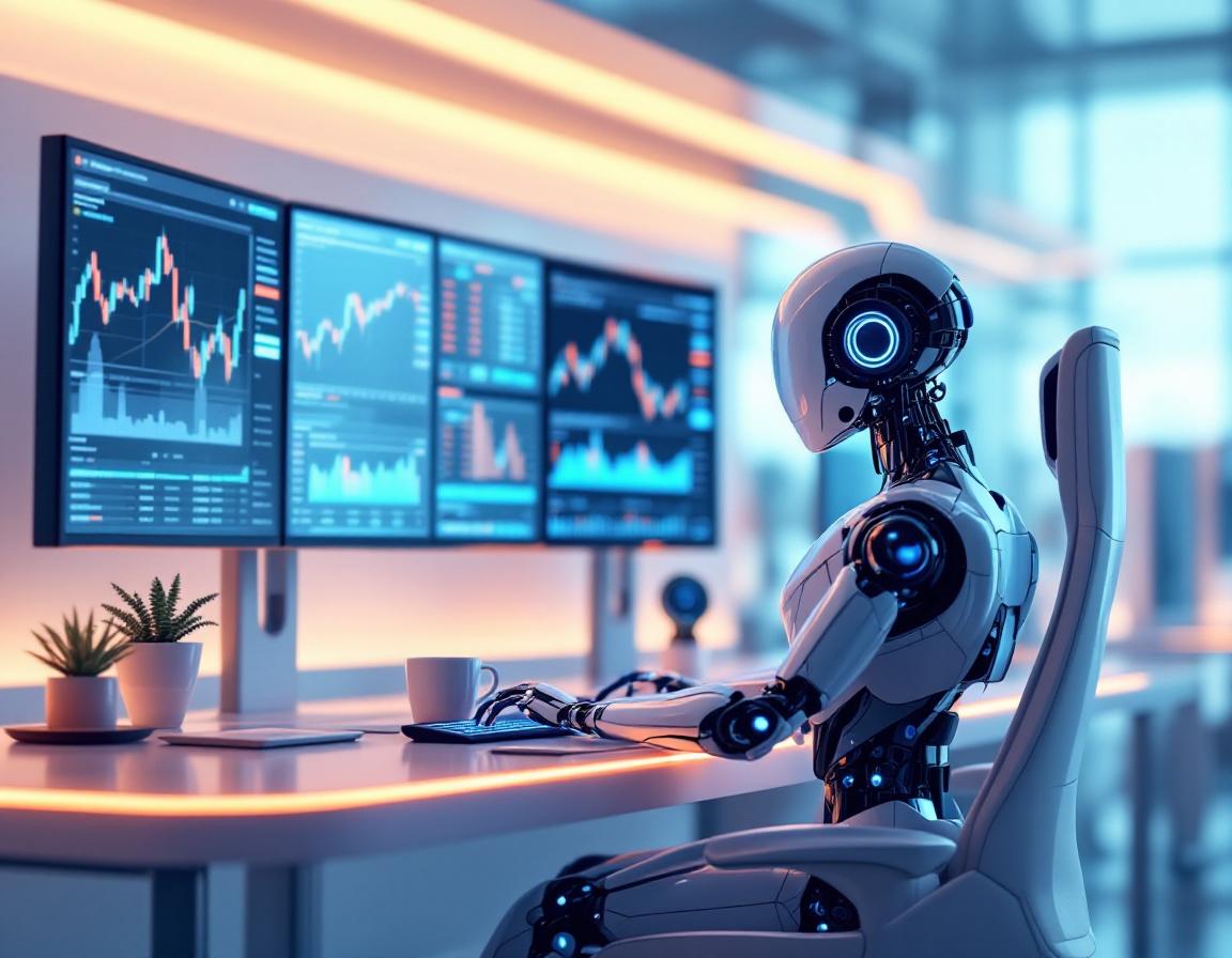 A hyper-realistic AI trading bot at a workstation, analyzing crypto data on multiple screens in 3D.