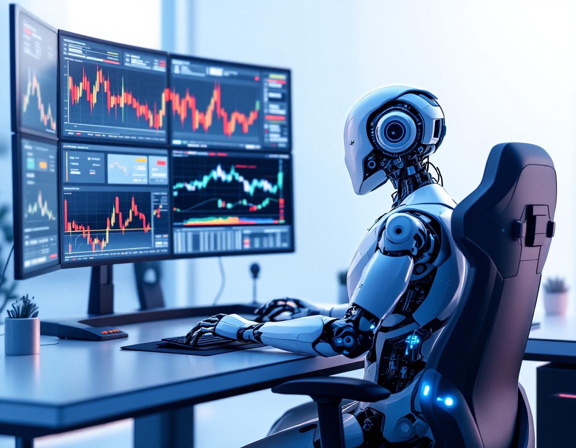A humanoid AI trading bot analyzes market data at a high-tech workstation with multiple screens.