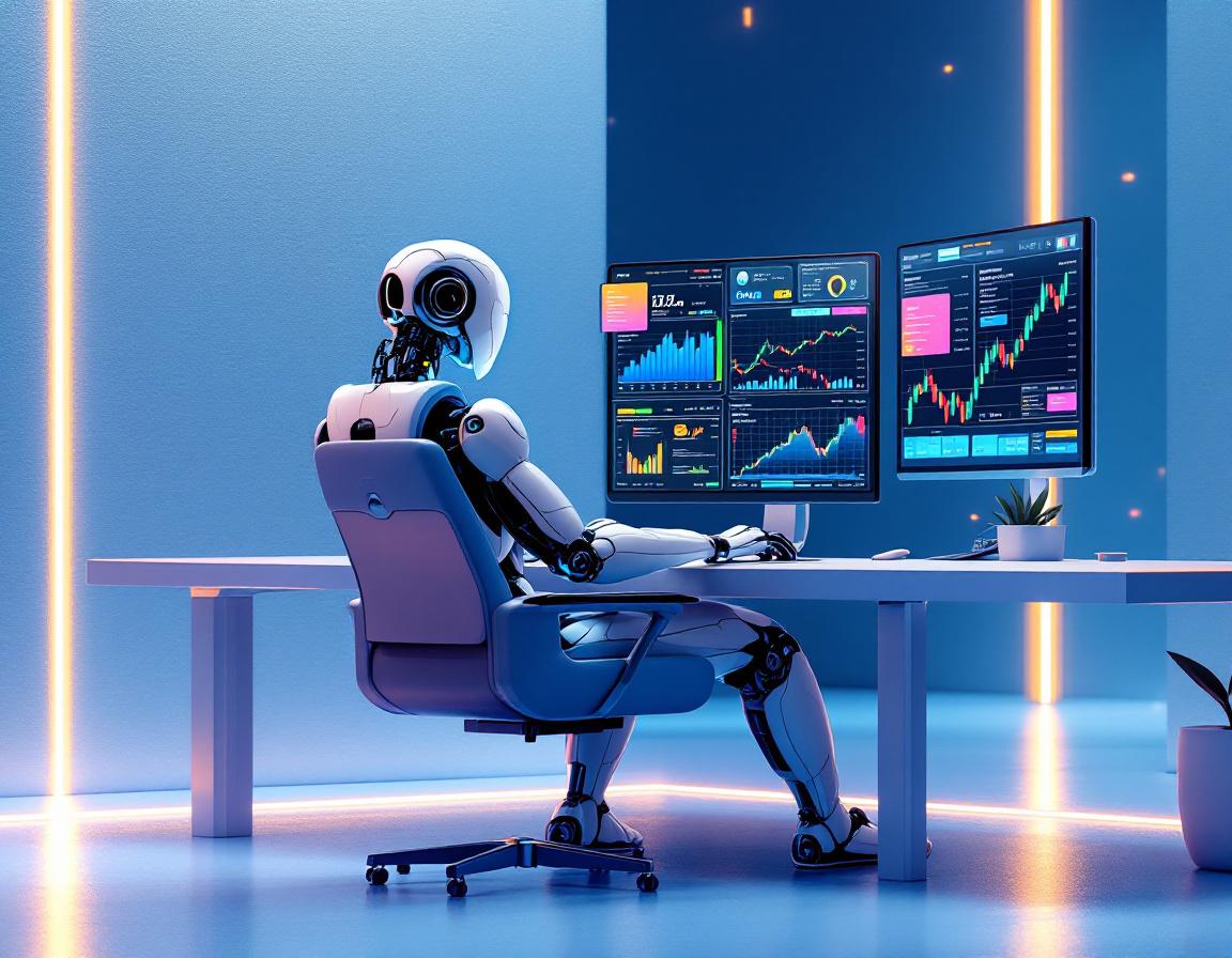 A hyper-realistic AI trading bot analyzing multiple screens in a futuristic financial environment.
