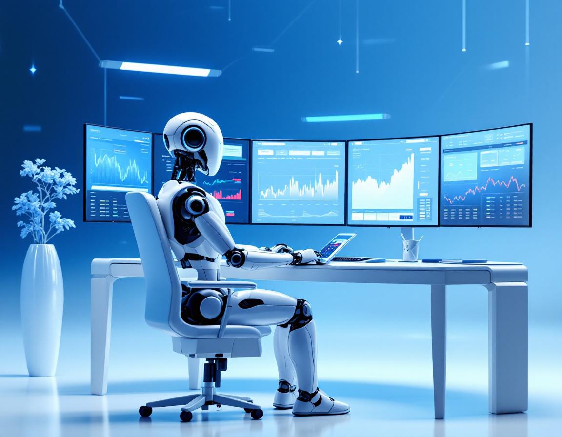 A hyper-realistic AI trading bot analyzes market data at a high-tech workstation with sleek screens.