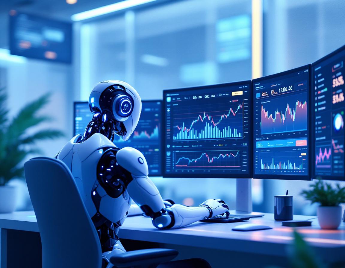 A humanoid AI trading bot analyzes market data at a sleek workstation surrounded by glowing screens.