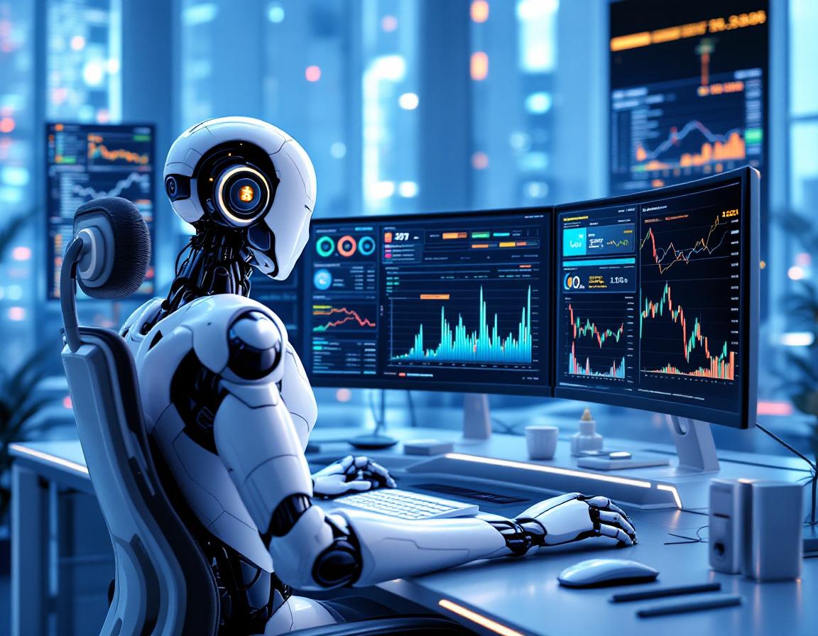A hyper-realistic AI trading bot at a workstation analyzing stock and crypto market data on screens.