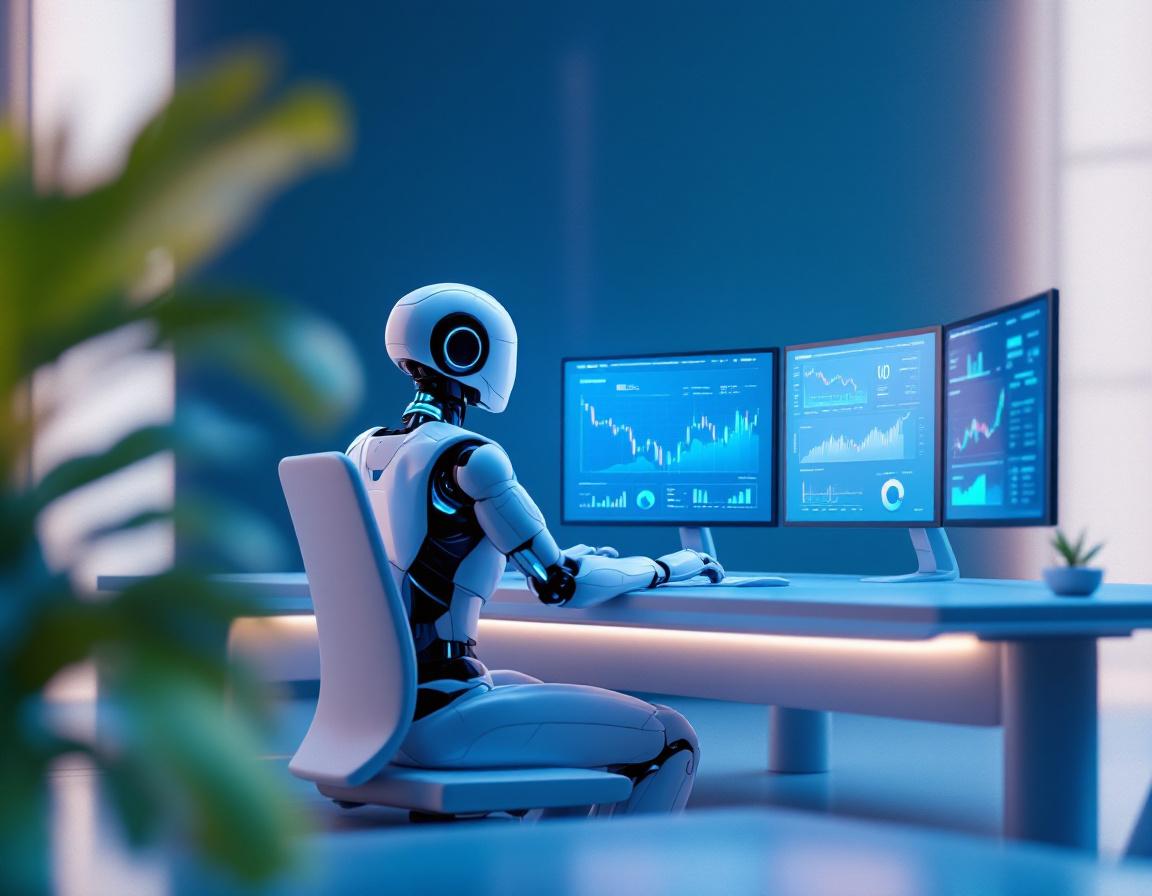 A futuristic AI trading bot analyzes data at a workstation with screens showing market trends.