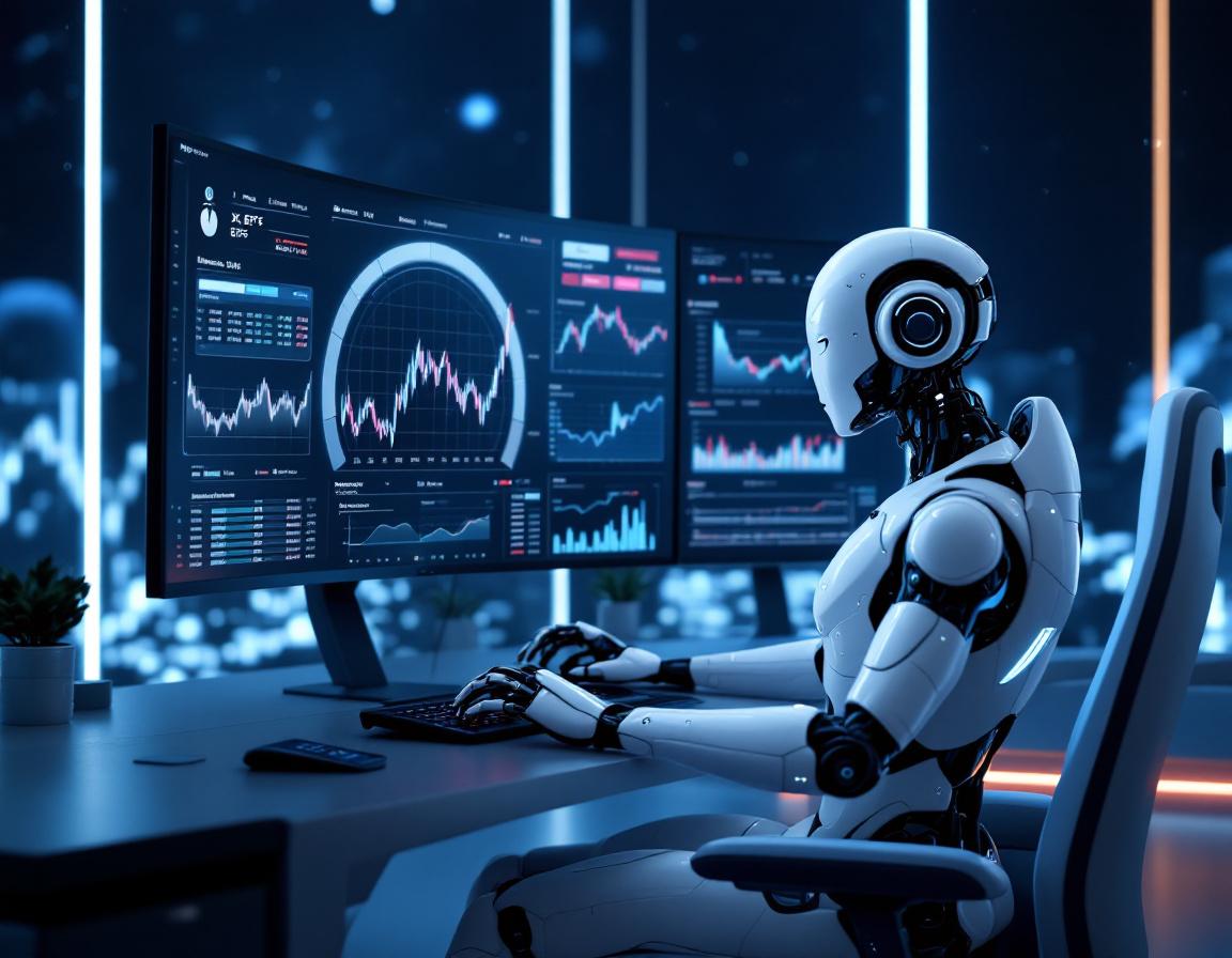 A humanoid AI trading bot analyzes market data at a high-tech workstation with multiple screens.