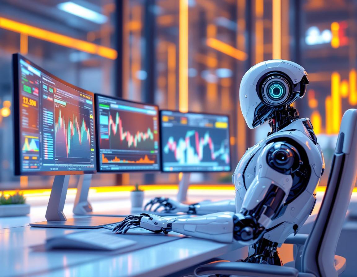 A humanoid AI trading bot at a high-tech workstation analyzing market data across multiple screens.