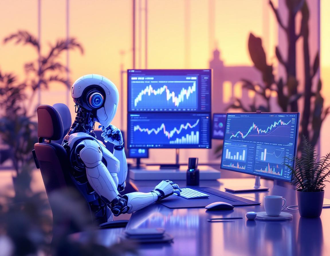 A humanoid AI trading bot analyzes market data at a high-tech workstation with multiple screens.