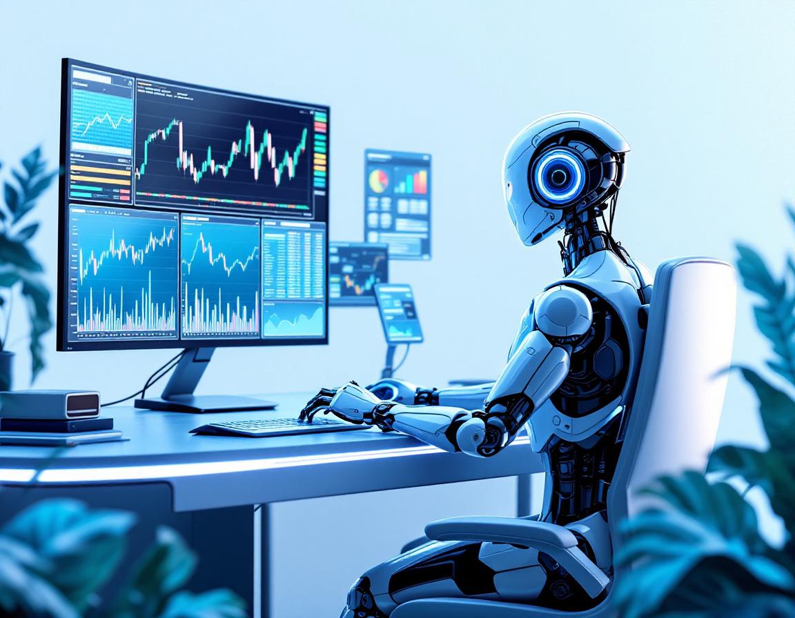 A hyper-realistic AI trading bot analyzes market data at a sleek workstation with multiple screens.