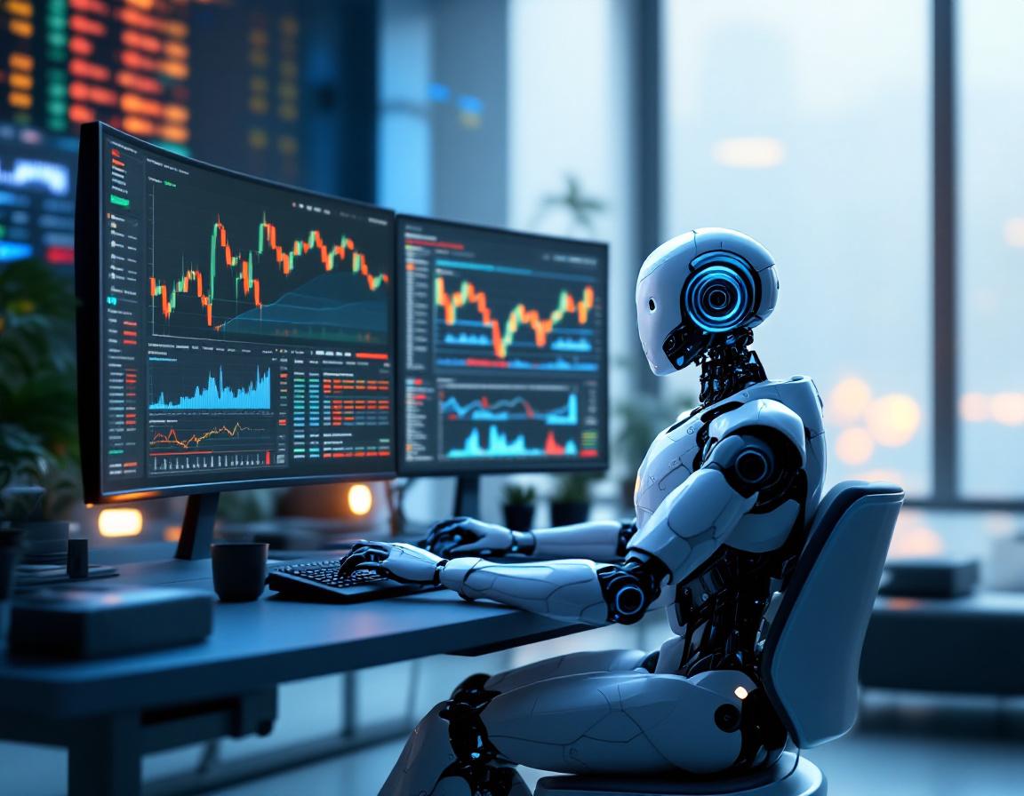 A humanoid AI trading bot at a high-tech workstation analyzing market data on multiple screens.