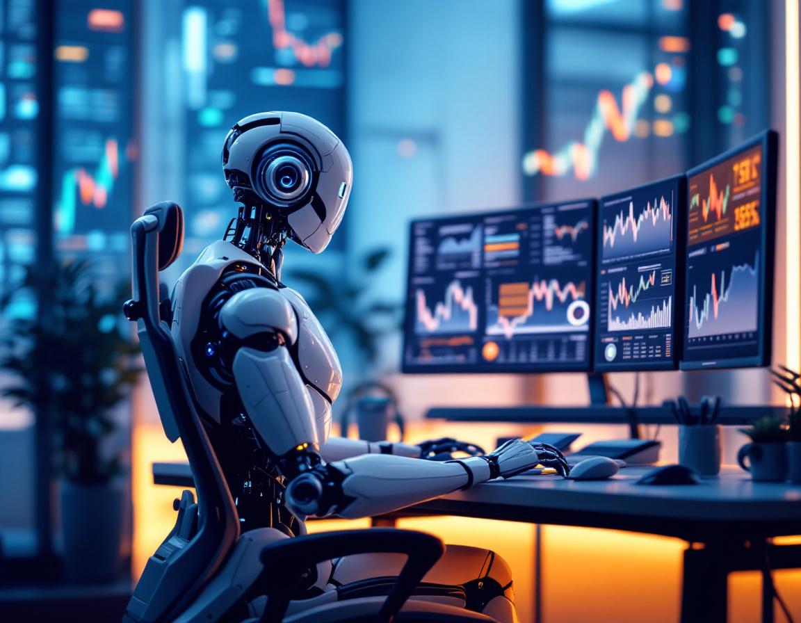 A hyper-realistic AI trading bot in a futuristic setting analyzing market data on multiple screens.