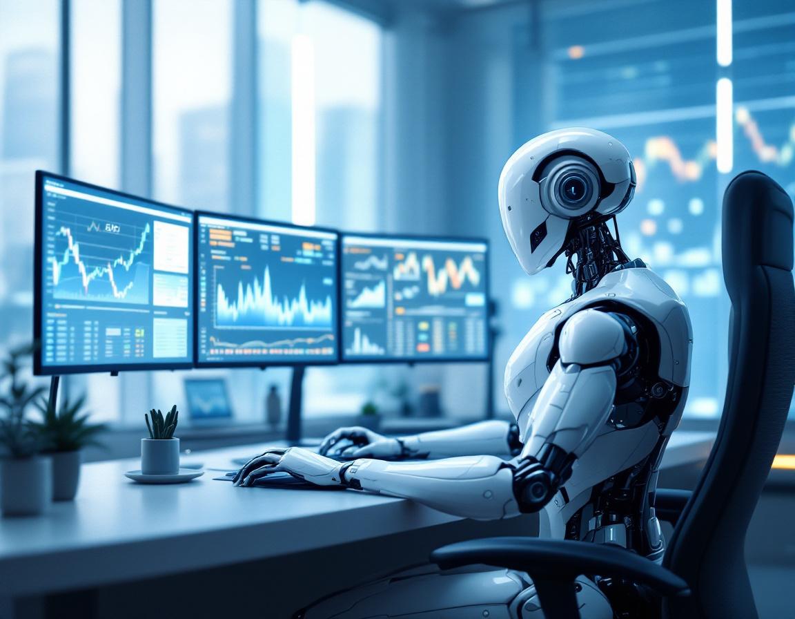 A hyper-realistic AI trading bot at a sleek workstation, analyzing market data on multiple screens.