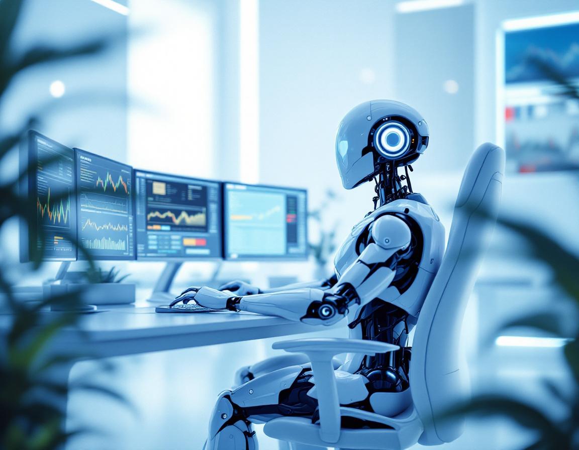 A humanoid AI trading bot analyzes market data at a high-tech workstation, amid glowing screens.