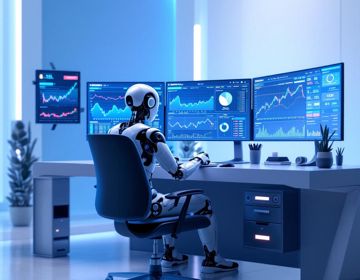 A hyper-realistic AI trading bot at a high-tech desk, analyzing market data on multiple screens.