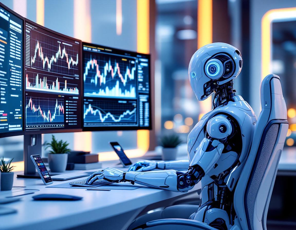 A humanoid AI trading bot at a high-tech workstation, analyzing market data across multiple screens.