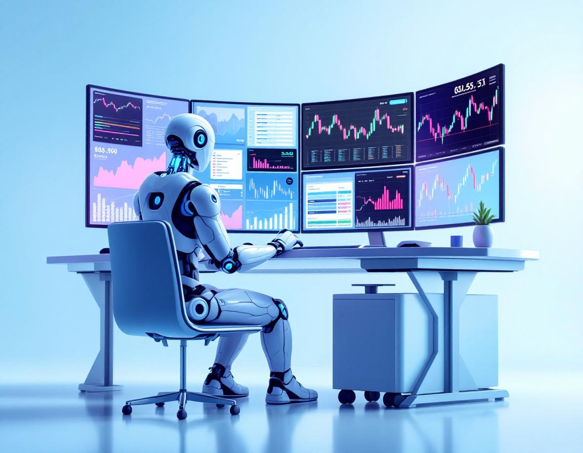 A humanoid AI trading bot analyzes market data at a high-tech workstation with multiple screens.
