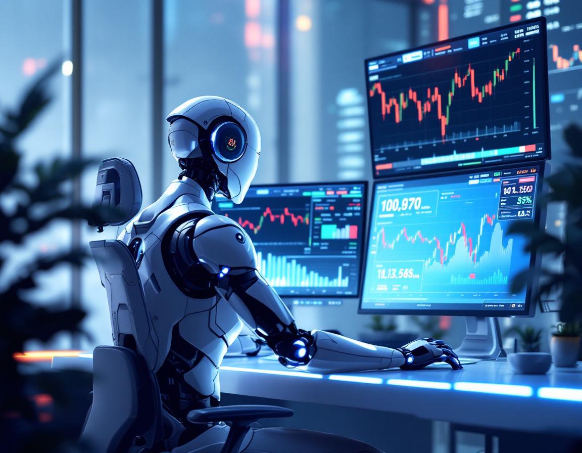 A futuristic AI trading bot at a high-tech workstation with screens displaying market data trends.