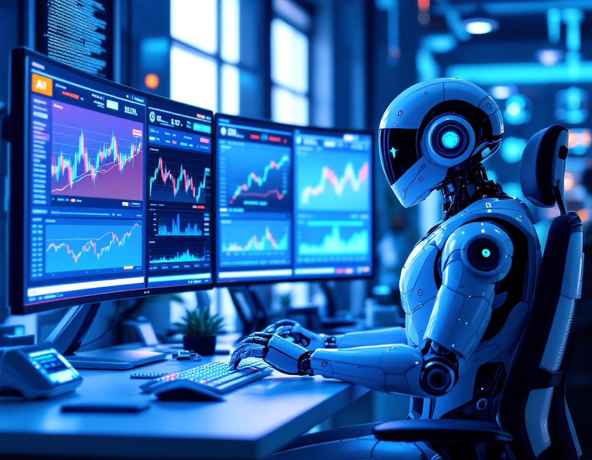 A hyper-realistic AI trading bot at a high-tech workstation analyzing stock and crypto market data.