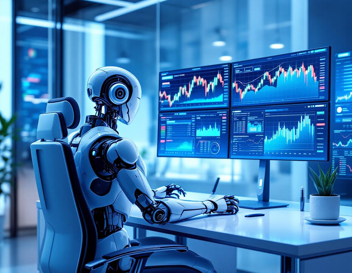 A humanoid AI trading bot analyzes market data at a high-tech workstation with dynamic screens.