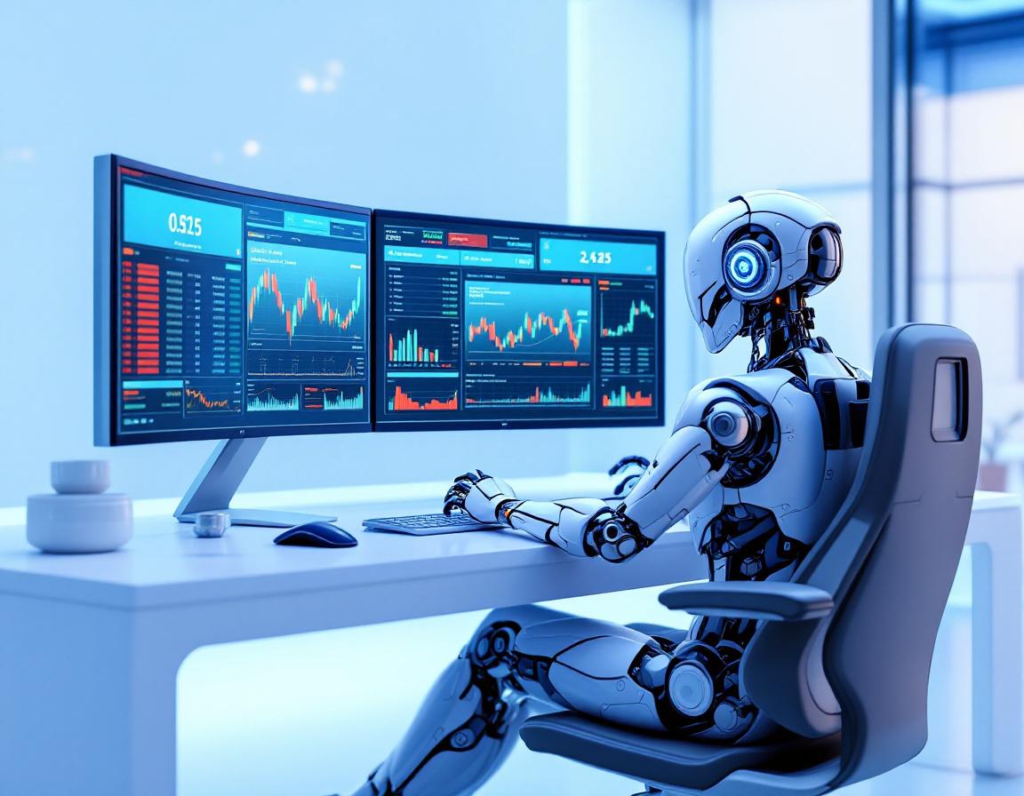 A hyper-realistic AI trading bot analyzes market data at a sleek workstation with multiple screens.