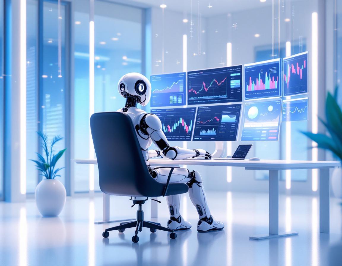 A humanoid AI trading bot at a workstation, analyzing market data on multiple vibrant screens.