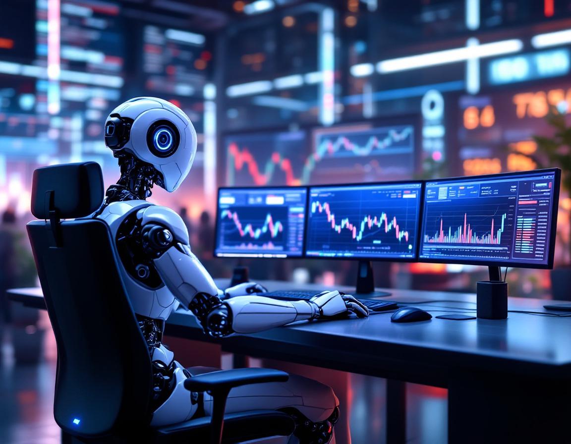 A hyper-realistic AI trading bot at a workstation analyzing market data across multiple screens.