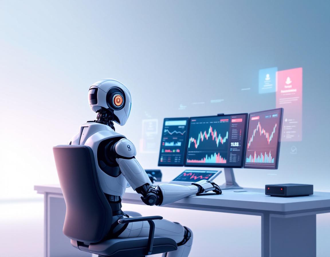 A hyper-realistic AI trading bot at a workstation analyzes market data on multiple glowing screens.