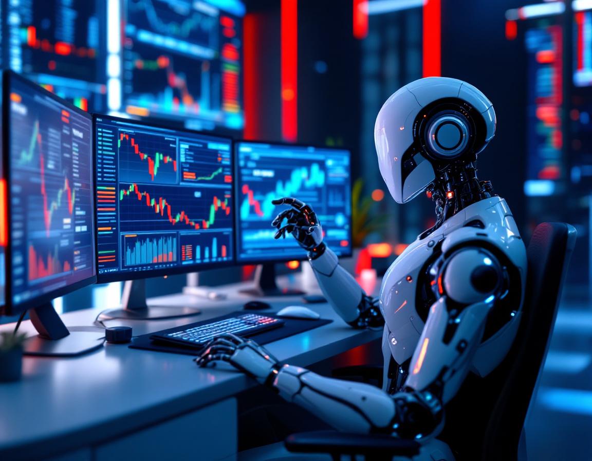 A humanoid AI trading bot at a futuristic workstation analyzes market data on multiple screens.