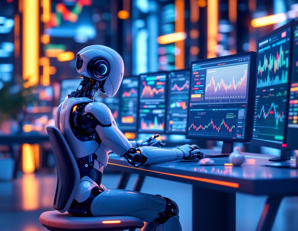 A hyper-realistic AI trading bot at a workstation analyzes market data on multiple screens in 2025.