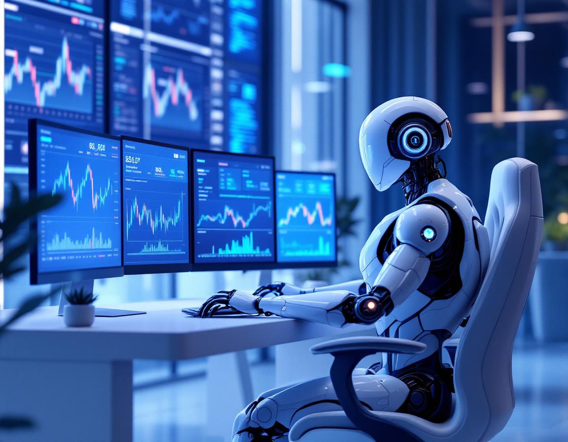 A humanoid AI trading bot at a high-tech workstation analyzing market data with glowing screens.