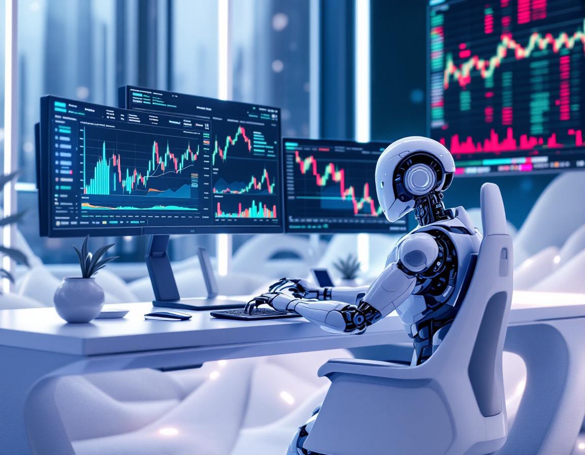 A humanoid AI trading bot analyzes market data at a high-tech workstation with multiple screens.