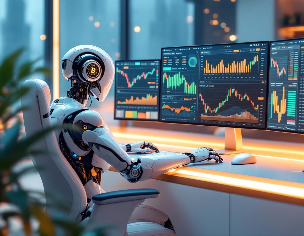 A humanoid AI trading bot at a high-tech workstation analyzing market data across multiple screens.