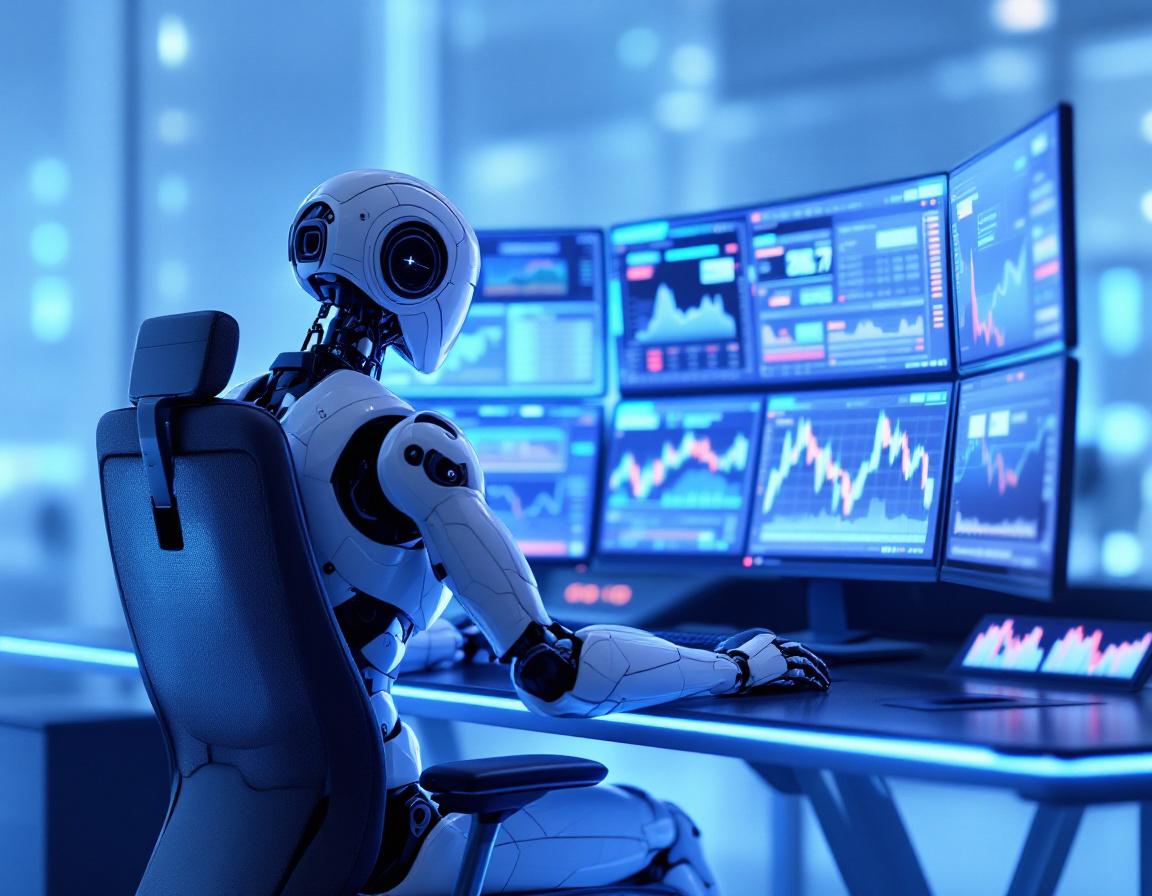 A hyper-realistic AI trading bot at a modern workstation, analyzing markets across multiple screens.