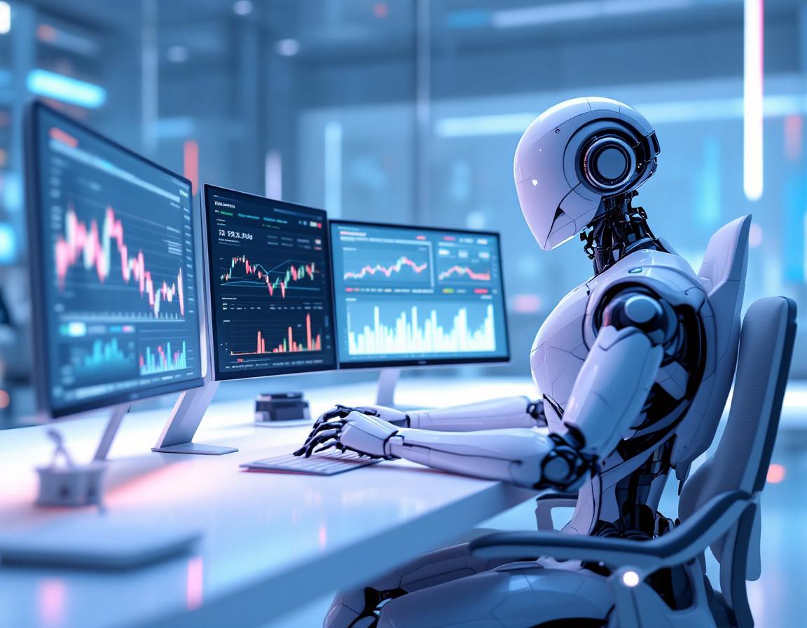 A hyper-realistic AI trading bot in a futuristic workspace, analyzing crypto and stock market data.