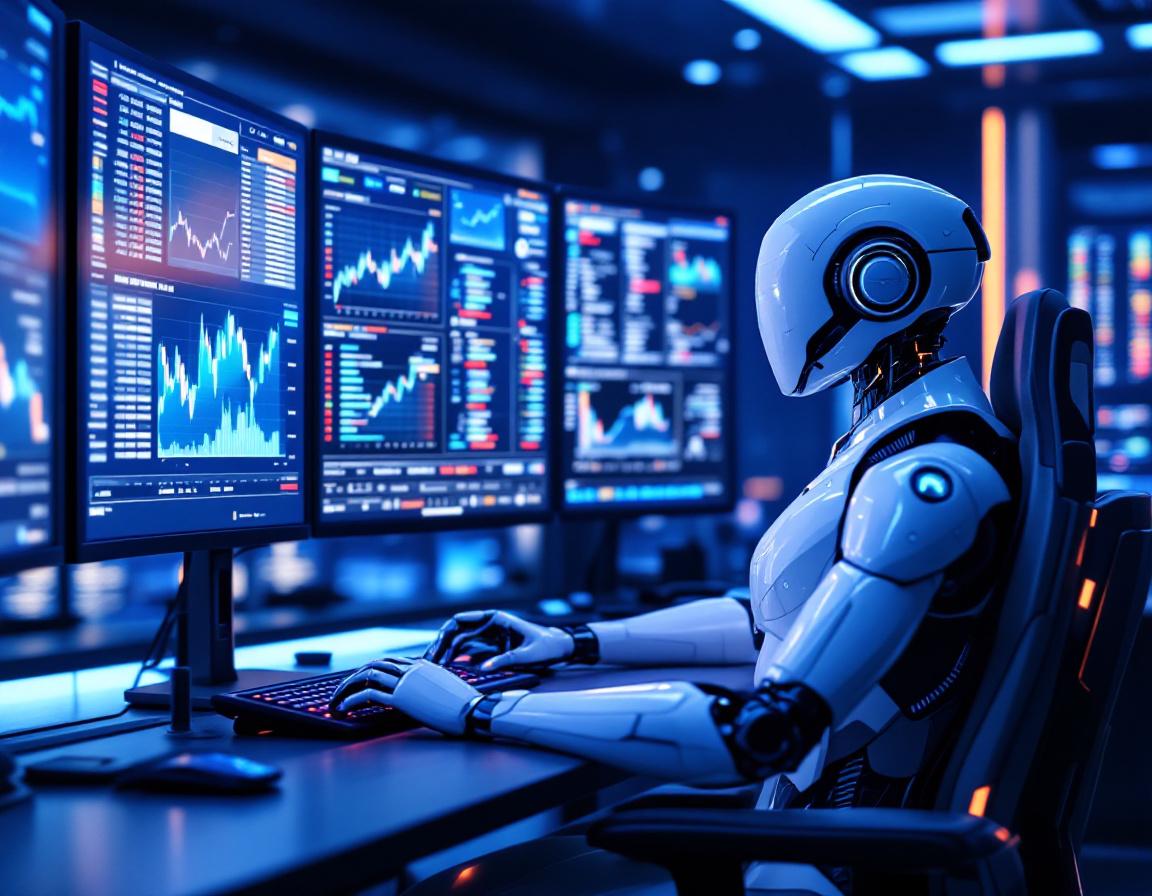 A humanoid AI trading bot at a high-tech workstation analyzes market data on multiple screens.