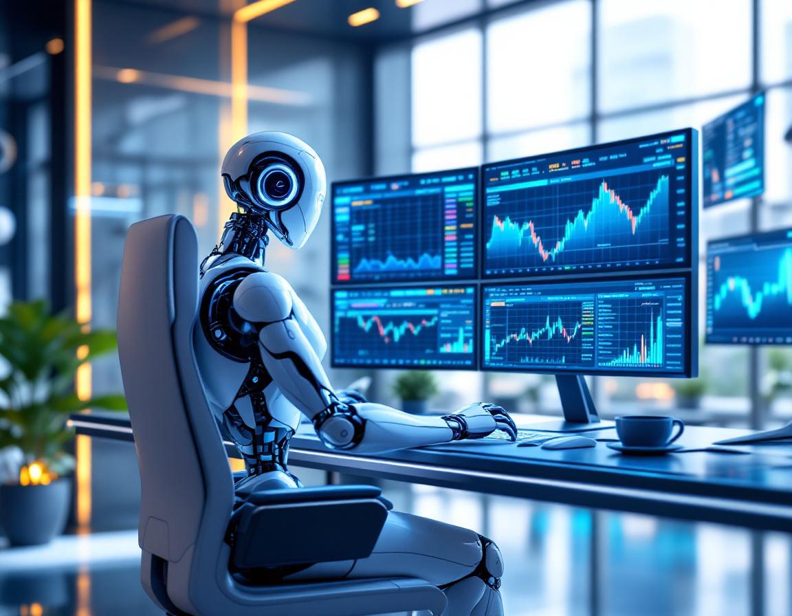 A sleek humanoid AI trading bot at a high-tech workstation analyzing real-time market data charts.